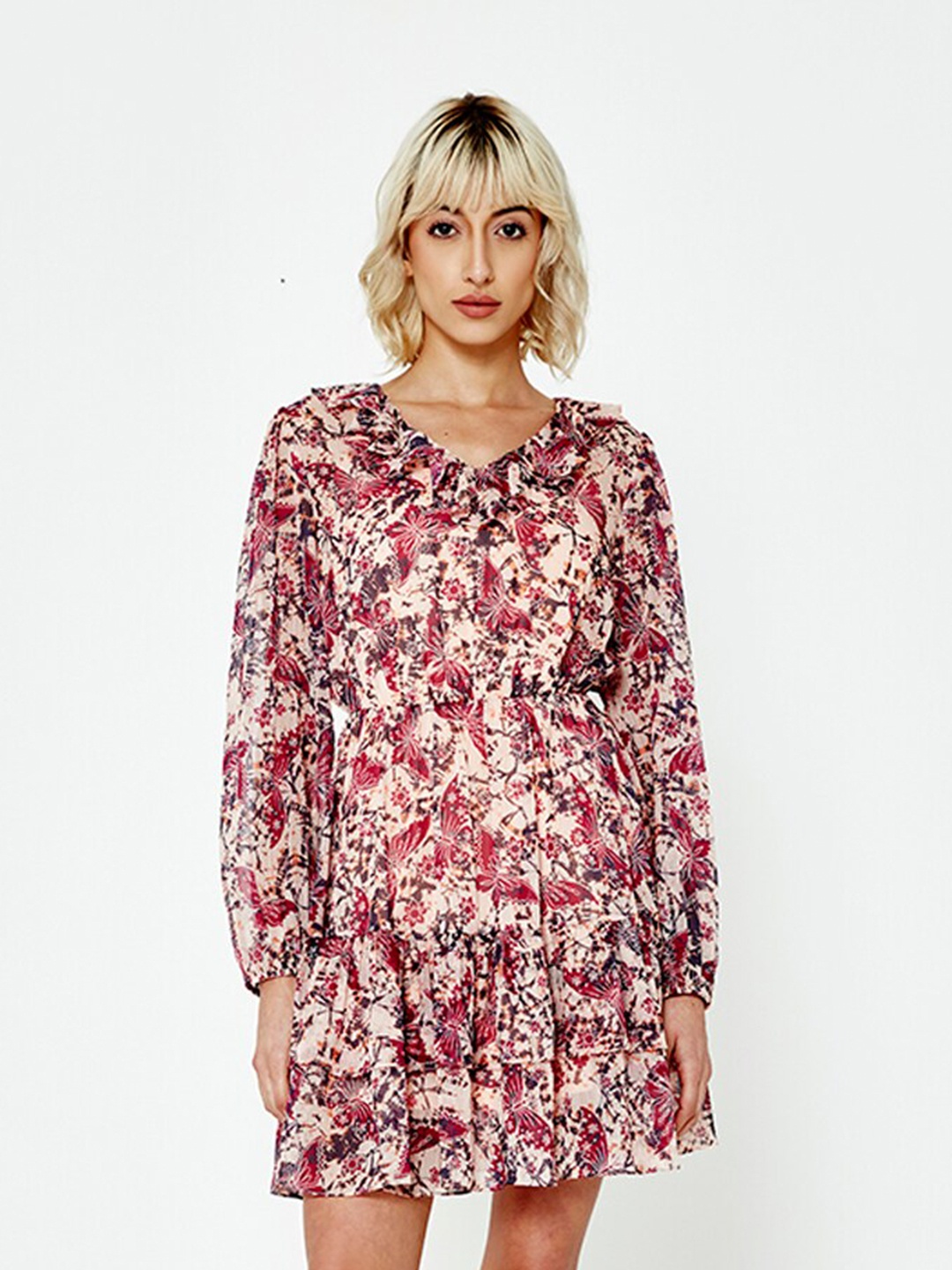 

COVER STORY Floral Printed Ruffles Fit & Flare Dress, Beige