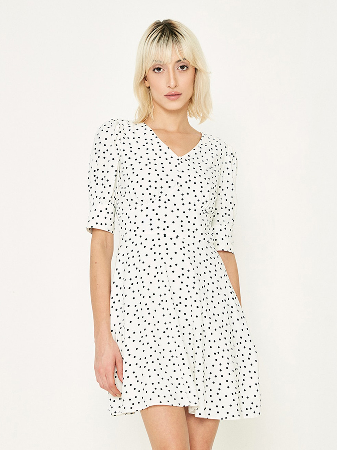 

COVER STORY Polka Dot Printed V-Neck Empire Mini Dress, White