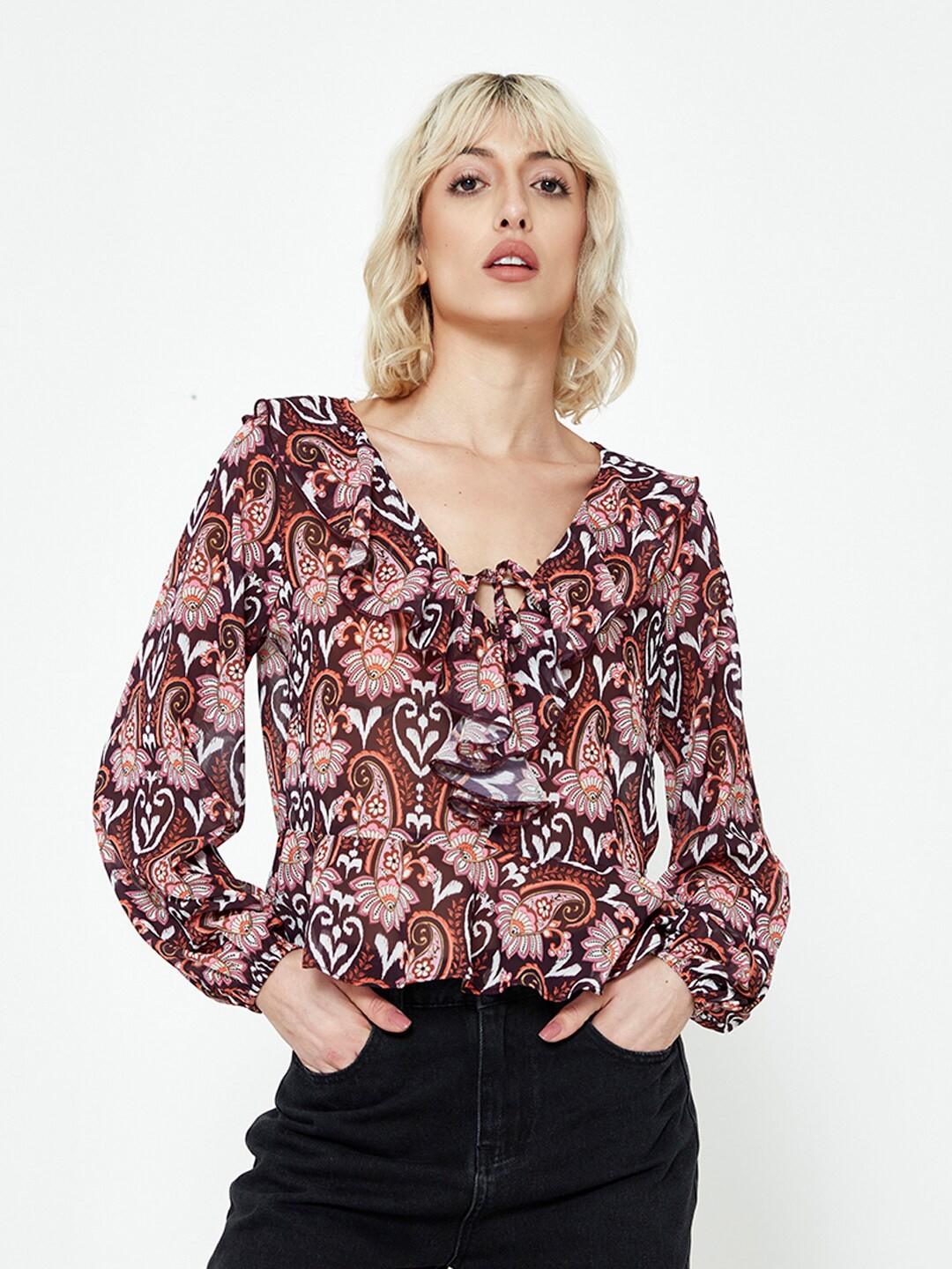 

COVER STORY Printed Tie-Up Neck Puff Sleeve Top, Brown