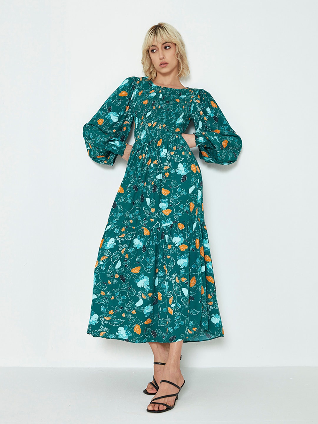 

COVER STORY Floral Printed Puff Sleeves Smocked Fit & Flare Midi Dress, Teal