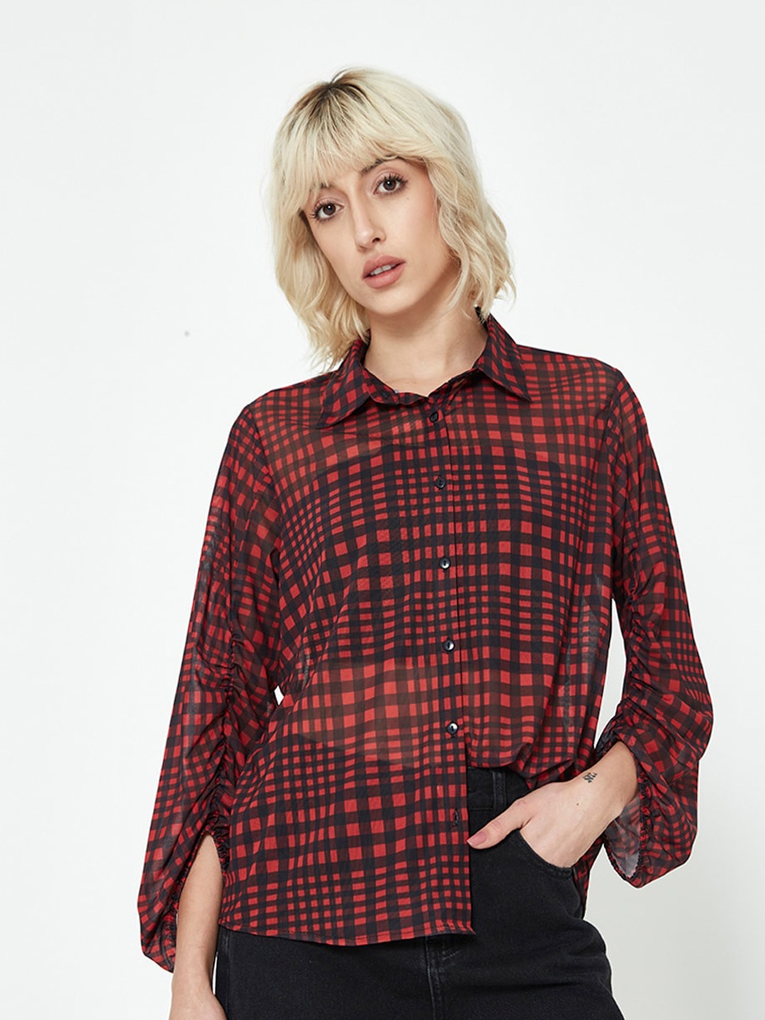 

COVER STORY Checked Shirt Style Top, Red