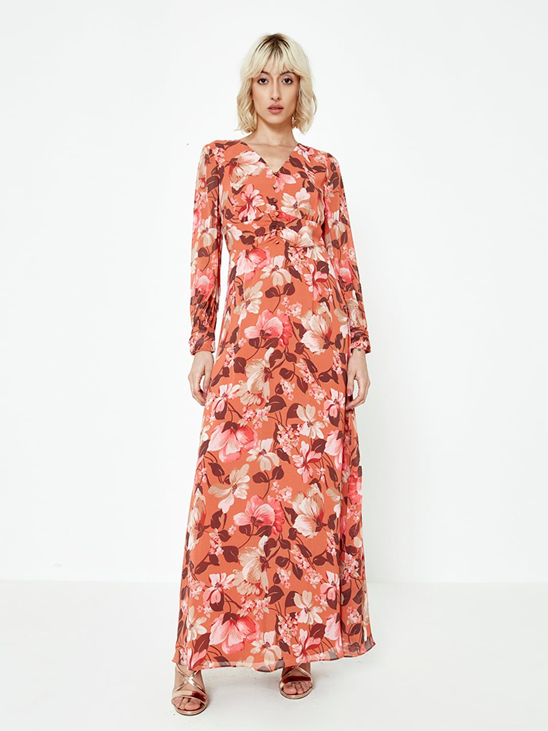 

COVER STORY Floral Printed Cuffed Sleeves Fit & Flare Maxi Dress, Orange