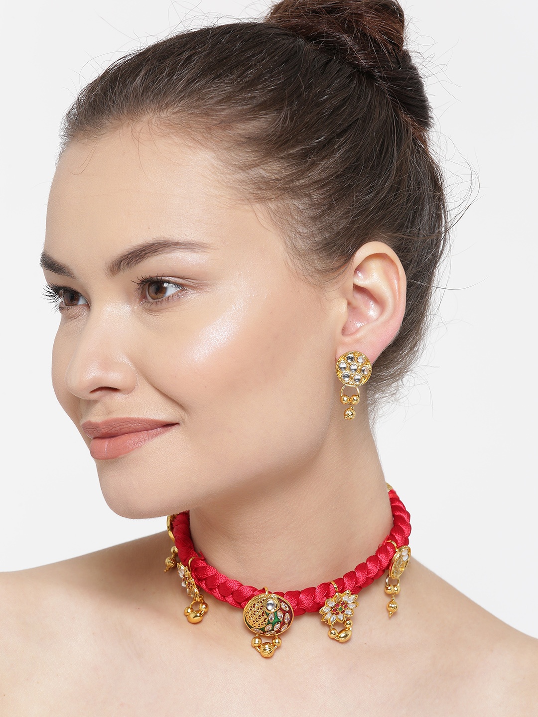 

YouBella Red & Gold-Toned Stone-Studded Beaded Jewellery Set