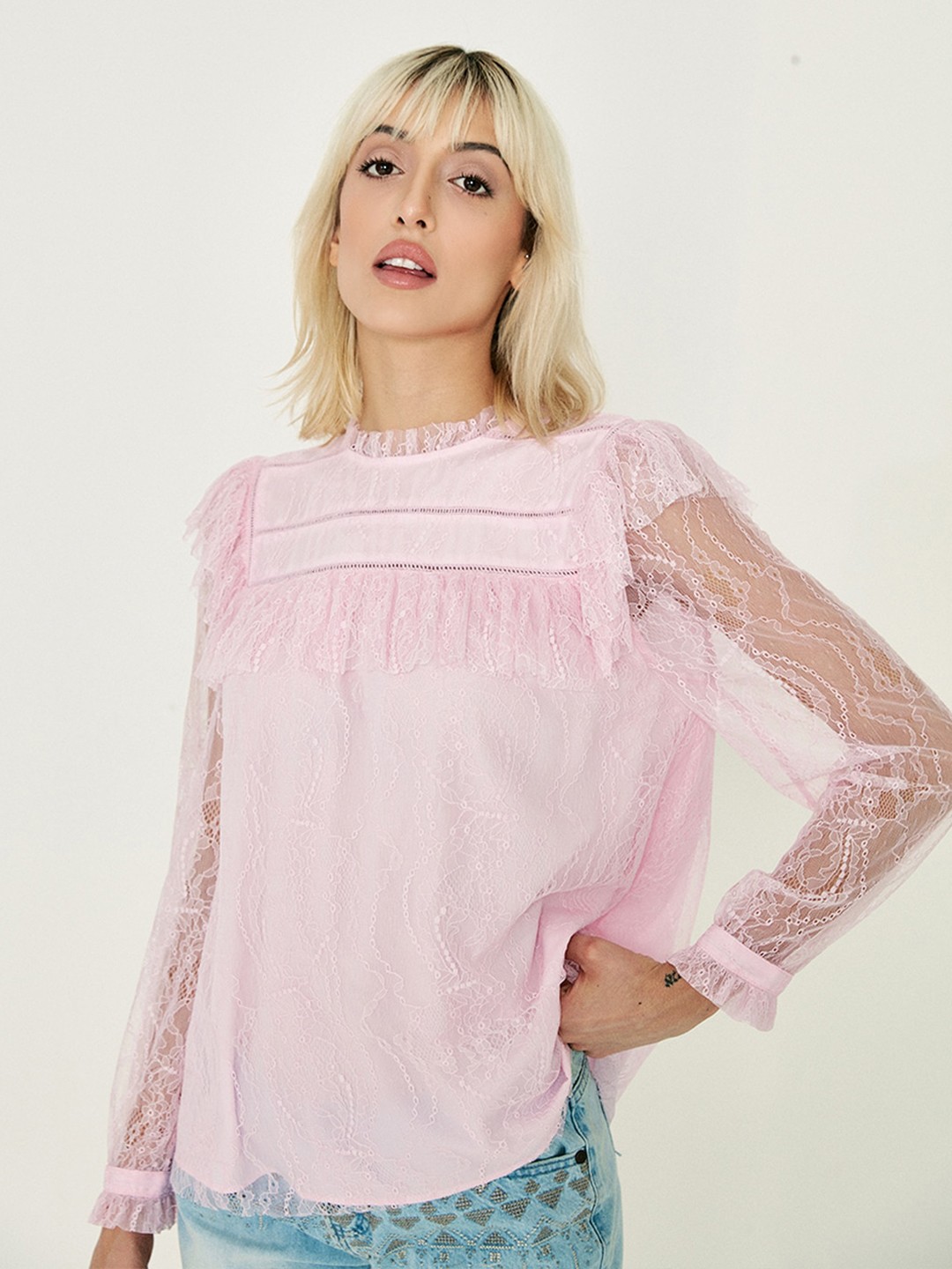 

COVER STORY Self Design High Neck Top, Pink