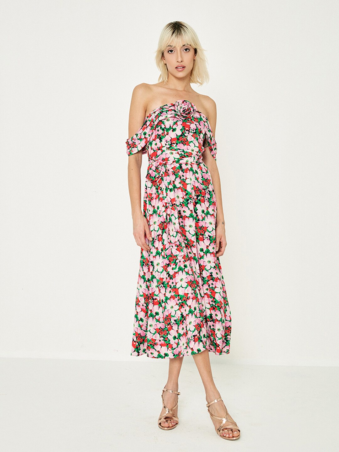 

COVER STORY Floral Printed Off-Shoulder Fit & Flare Midi Dress, Pink