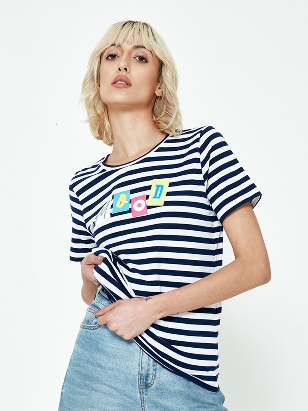 

COVER STORY Striped Round Neck Pure Cotton T-shirt, Navy blue