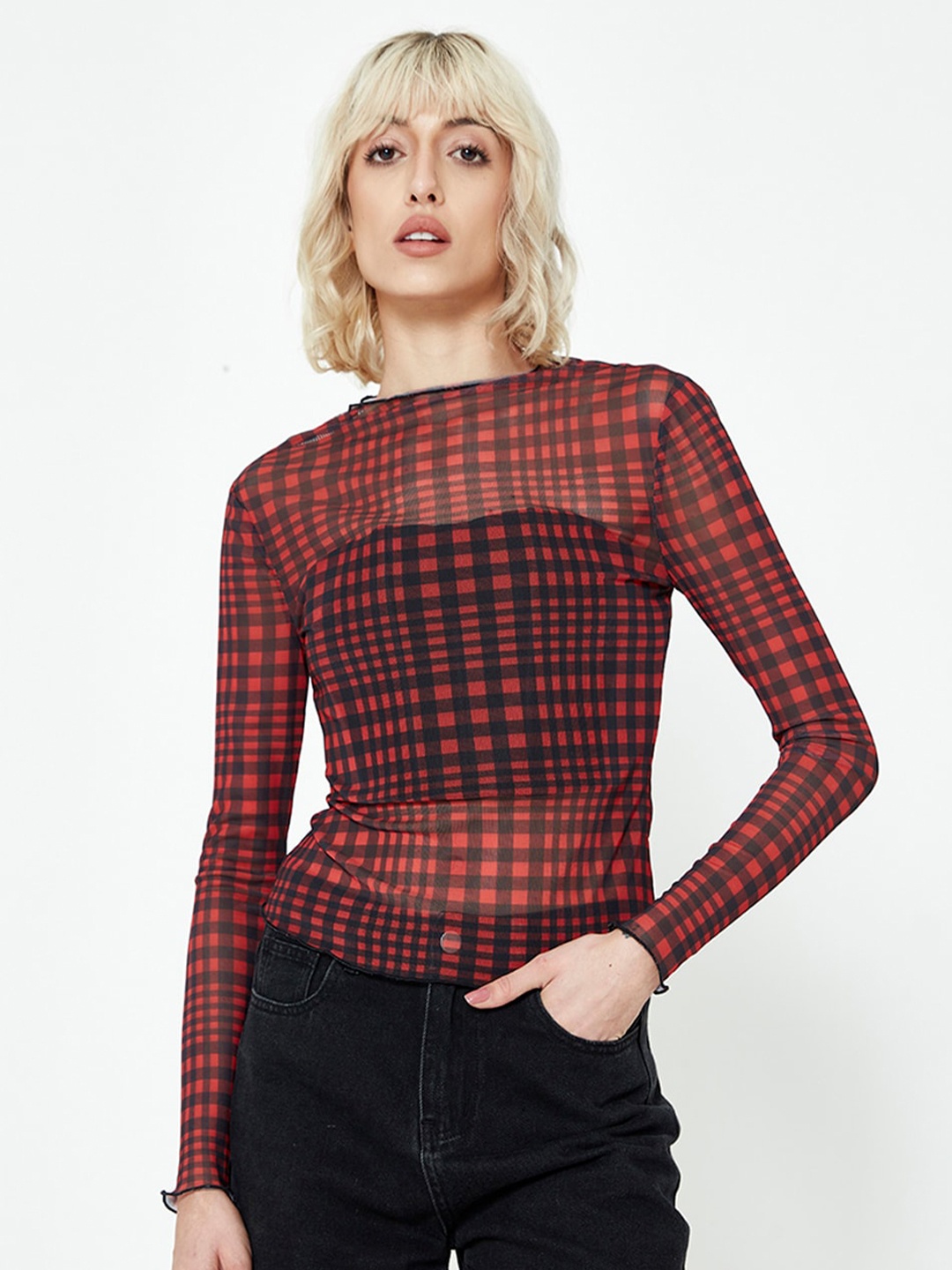 

COVER STORY Checked Boat Neck Fitted Top, Red