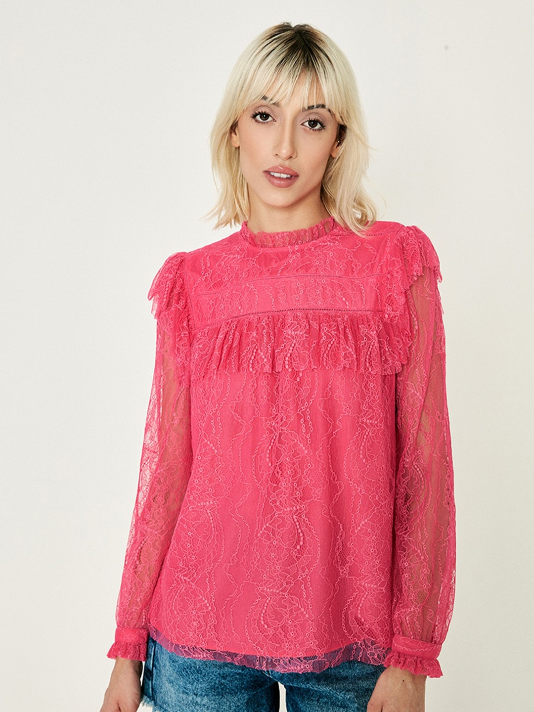 

COVER STORY High Neck Cuffed Sleeve Top, Fuchsia