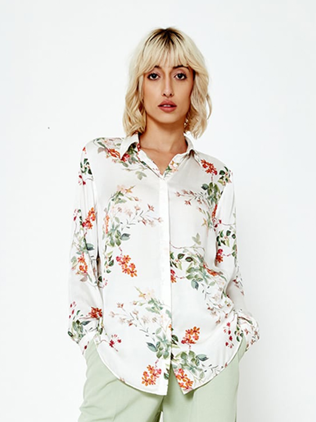 

COVER STORY Floral Printed Cuffed Sleeves Shirt Style Top, Off white