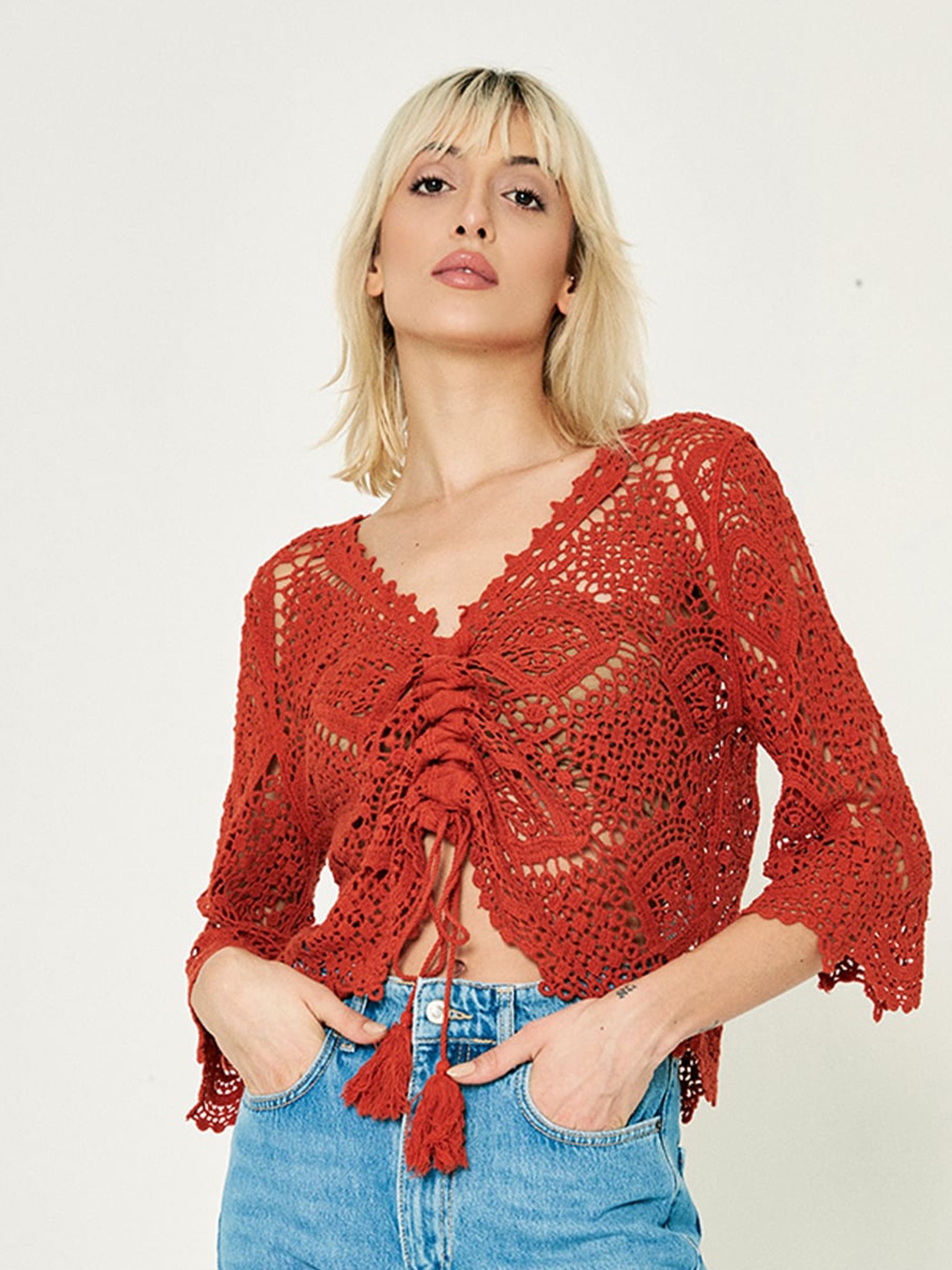 

COVER STORY Self Design V-Neck Flared Sleeve Cotton Crochet Top, Rust