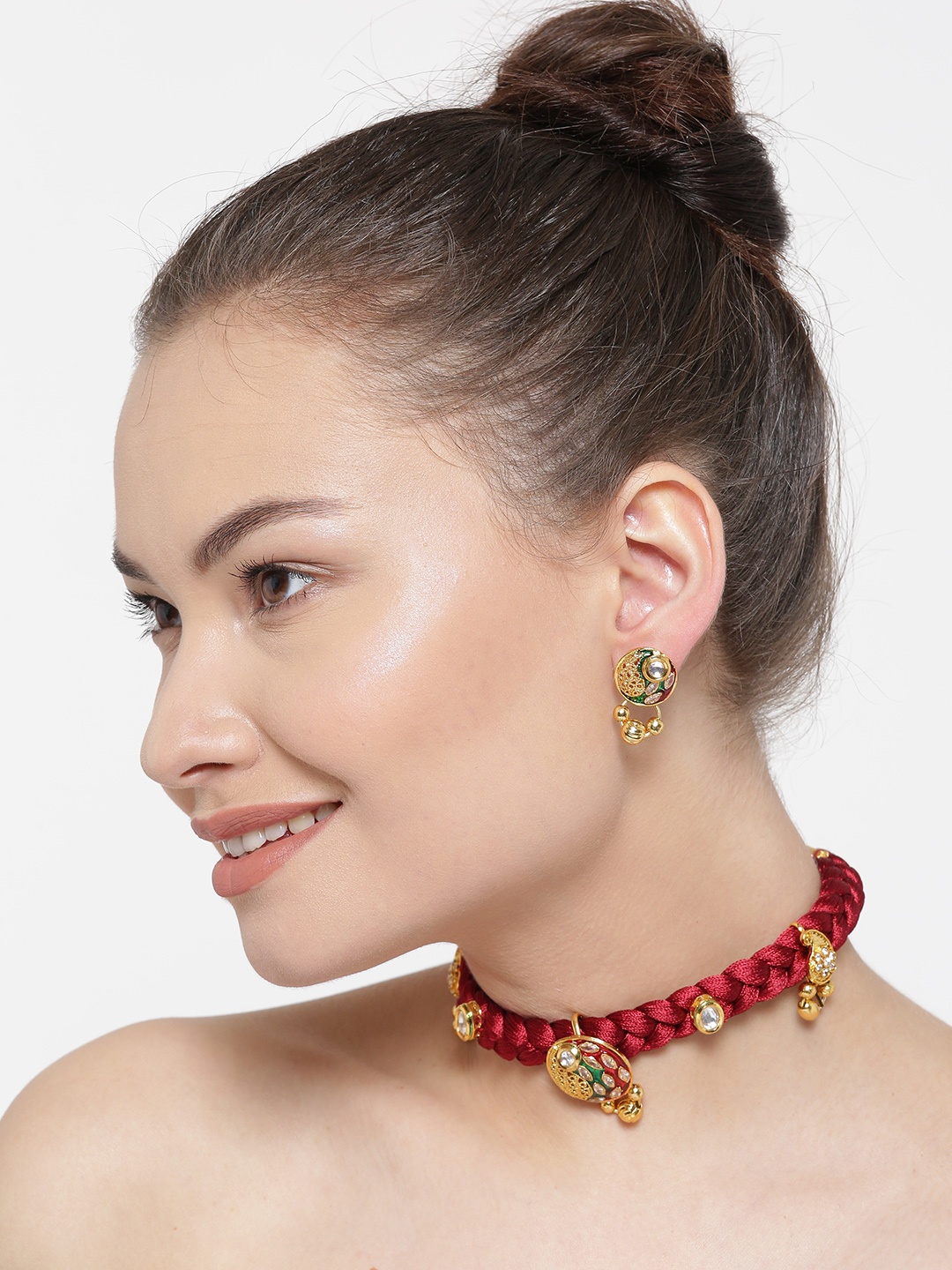 

YouBella Maroon & Gold-Toned Stone-Studded Beaded Jewellery Set