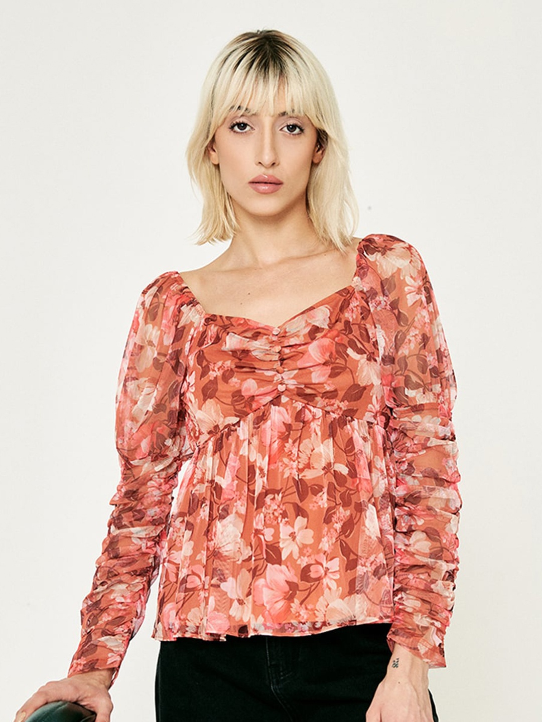 

COVER STORY Floral Print Sweetheart Neck Peplum Top, Orange
