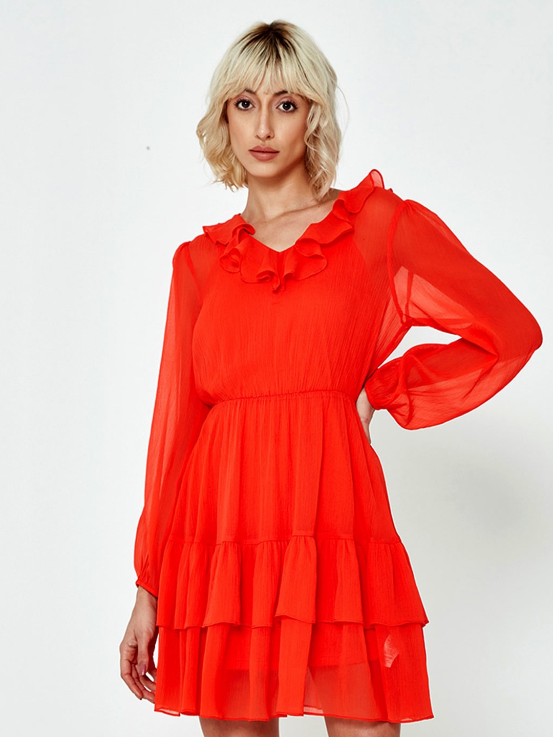 

COVER STORY V-Neck Ruffles Fit & Flare Dress, Red