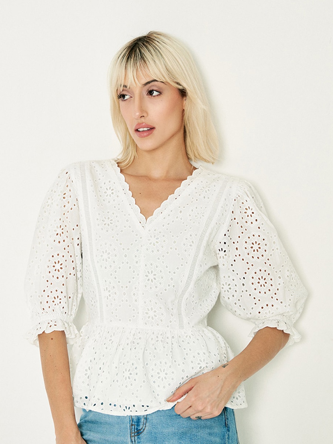 

COVER STORY V-Neck Puff Sleeve Cotton Pure Cotton Cinched Waist Top, White