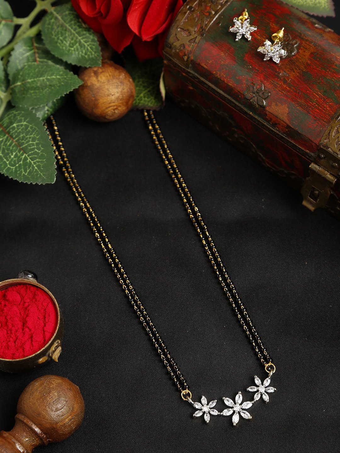 

YouBella Black & Silver-Toned Stone-Studded Mangalsutra & Earrings Set