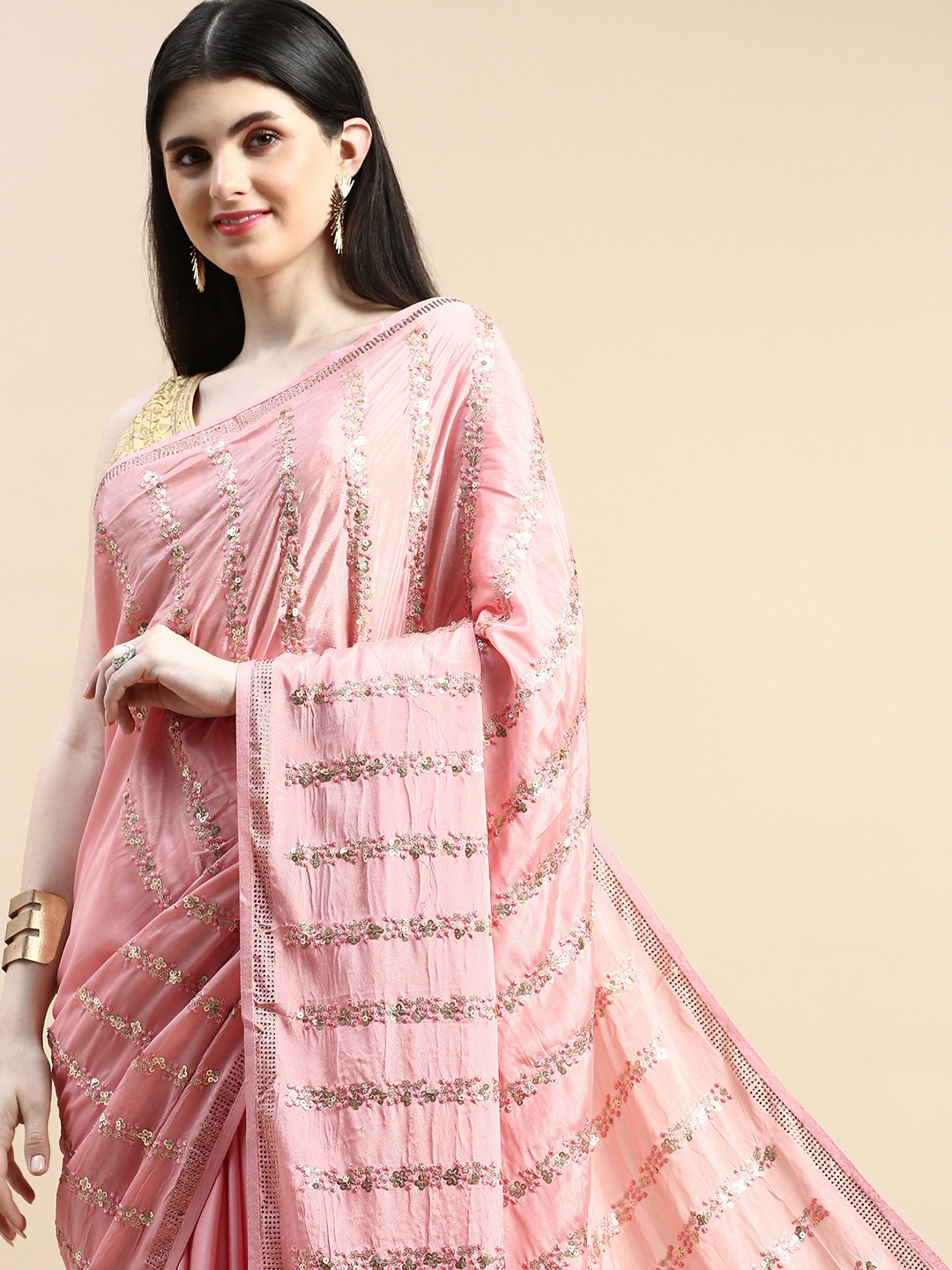 

kasee Embroidered Striped Sequinned Pure Crepe Saree, Pink