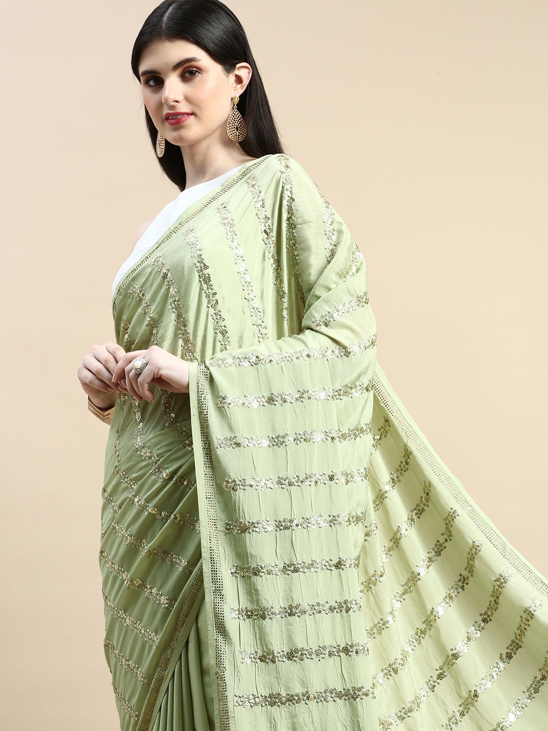 

kasee Embroidered Striped Sequinned Pure Crepe Saree, Green
