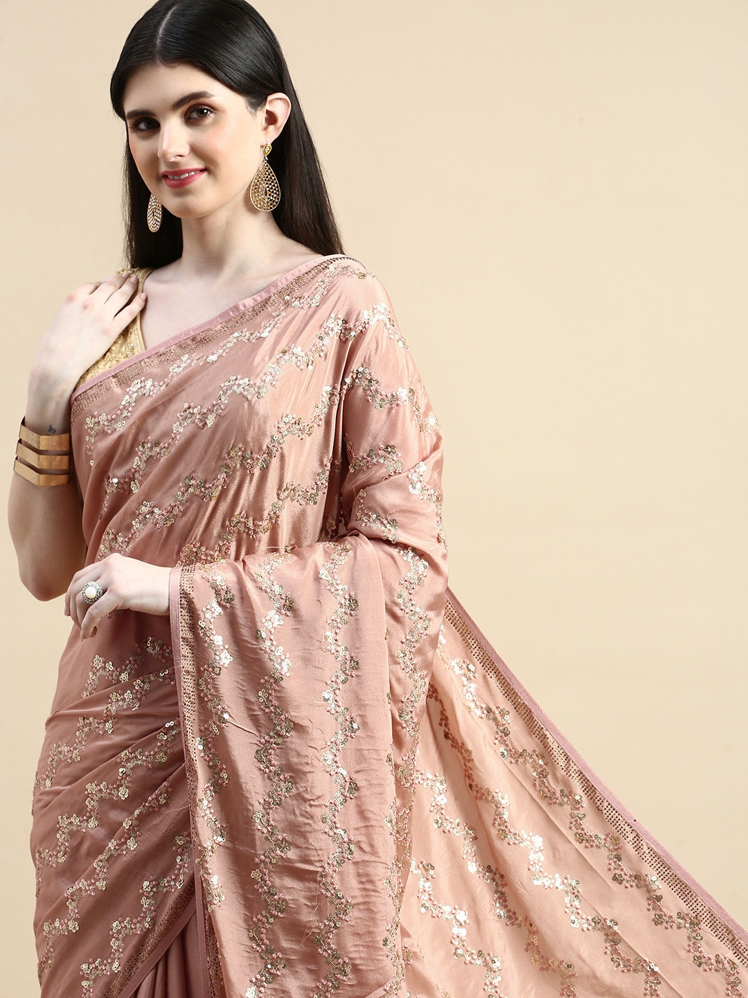 

kasee Embroidered Sequinned Pure Crepe Saree, Peach