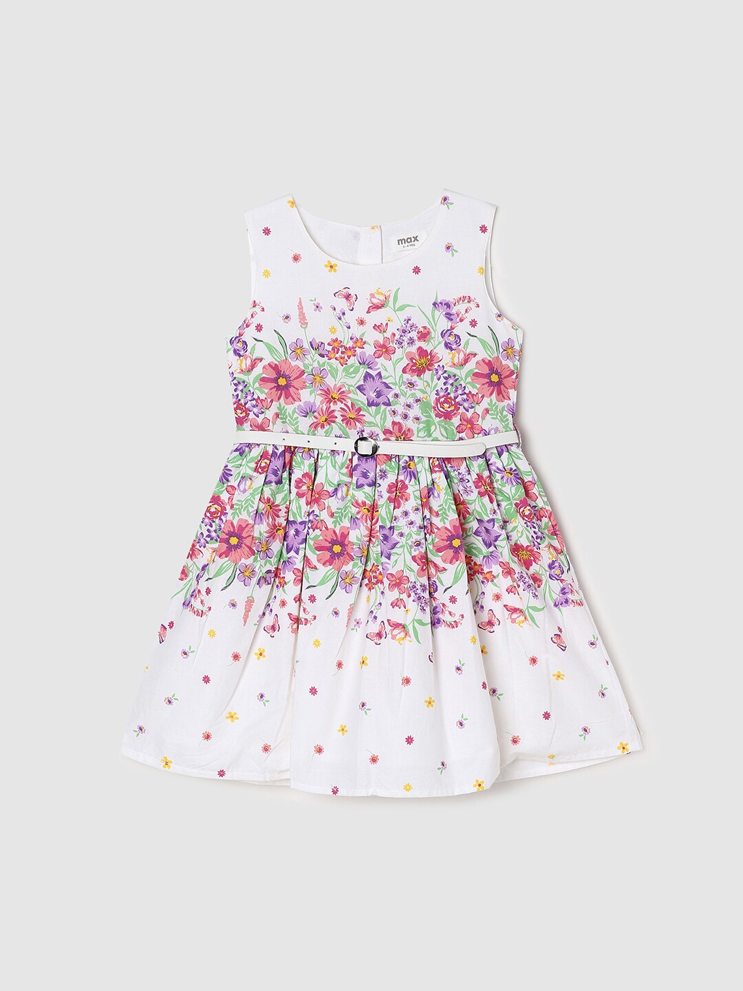 

max Girls Floral Printed Fit & Flare Pure Cotton Dress With Belt, White