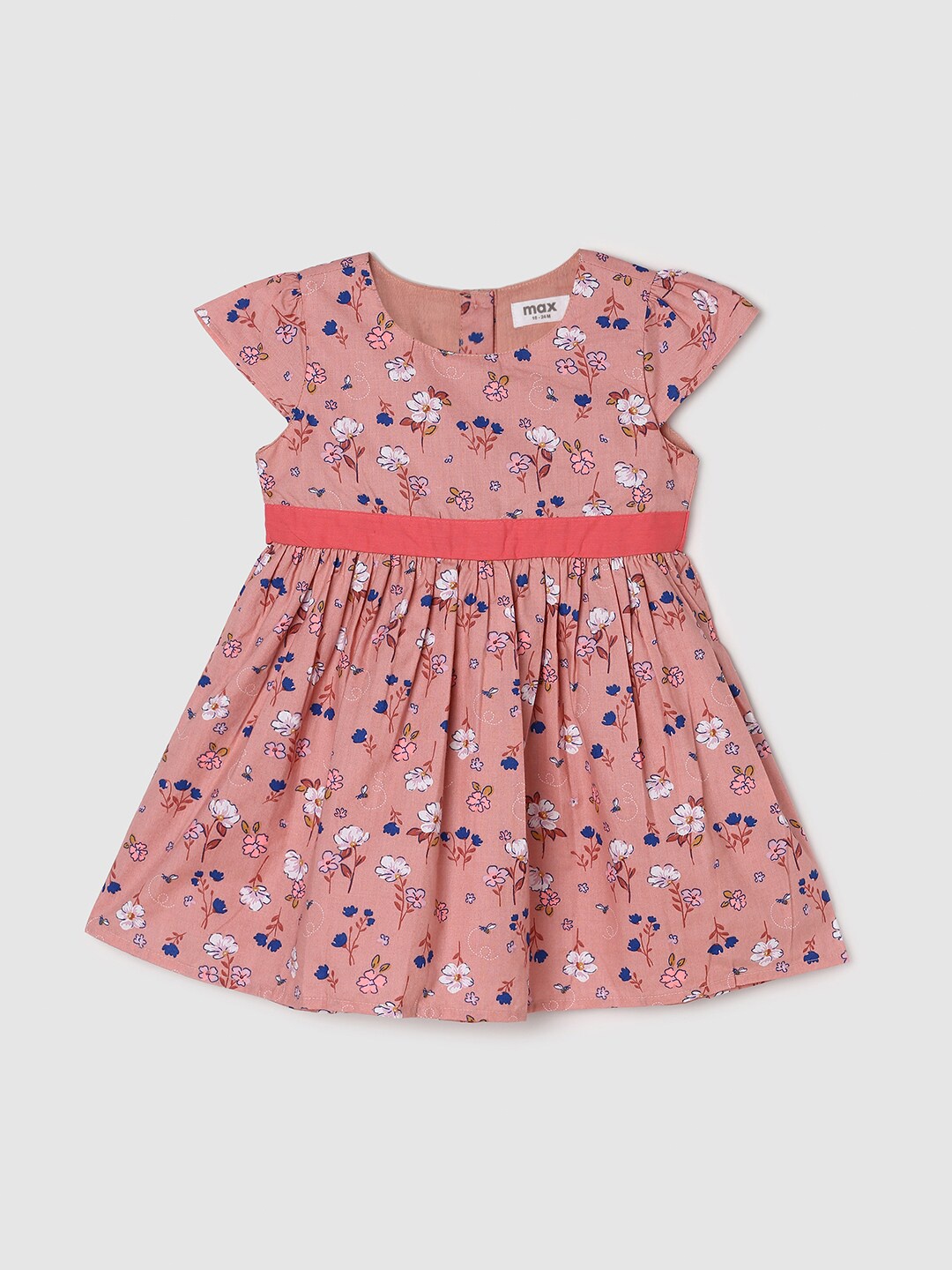 

max Infant Girls Floral Printed Pure Cotton Fit & Flare Dress, Peach