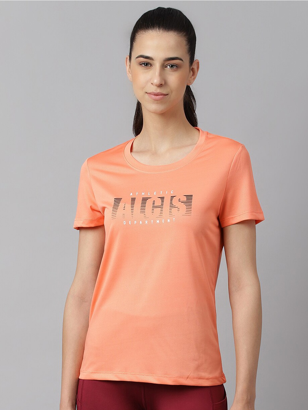 

Alcis Women Printed Anti-Static Slim-Fit Round Neck Training T-Shirt, Orange