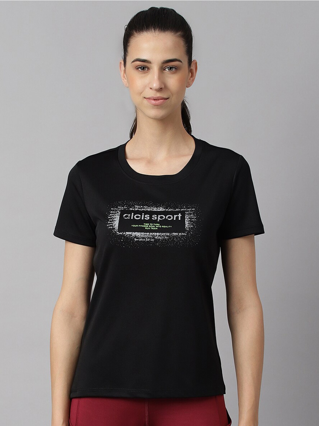 Alcis Women Printed Anti-Static Slim-Fit Round Neck Training T-Shirt, Black