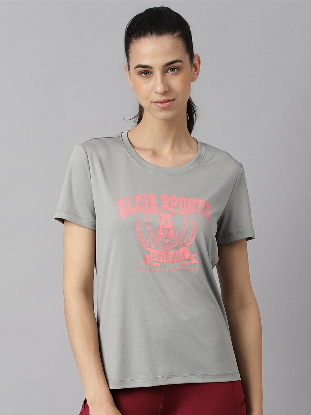 

Alcis Women Printed Anti-Static Slim-Fit Round Neck Training T-Shirt, Grey