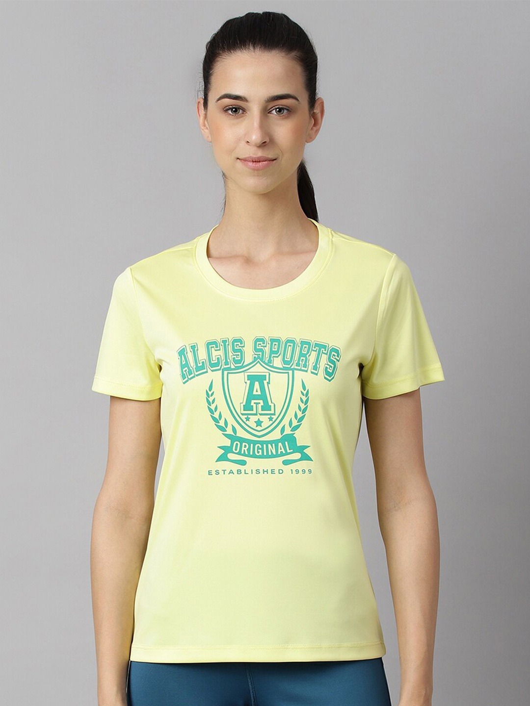

Alcis Women Printed Anti-Static Slim-Fit Round Neck Training T-Shirt, Yellow