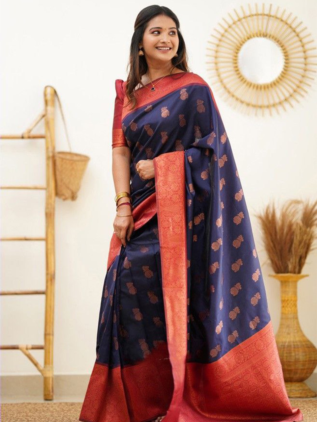 

Anjaneya Sarees Ethnic Motifs Woven Design Zari Banarasi Saree, Blue