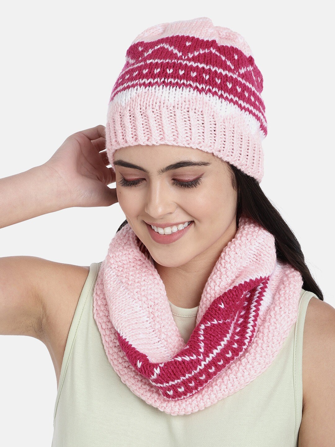 

Magic Needles Women Double-Knit Self Design Acrylic Beanie and neckwarmer set, Pink