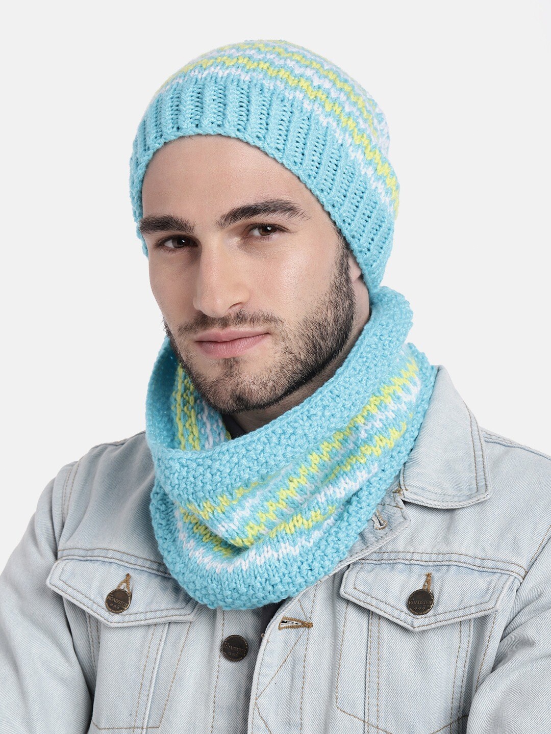 

Magic Needles Men Double-Knit Self Design Acrylic Beanie and neckwarmer set, Blue