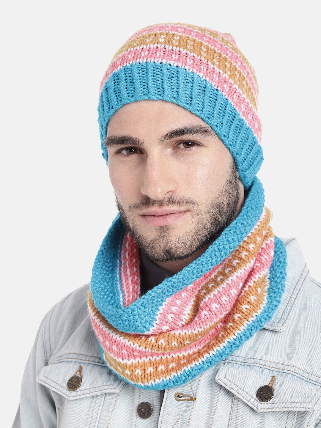 

Magic Needles Men Double-Knit Self Design Acrylic Beanie and Neck Warmer Set, Blue