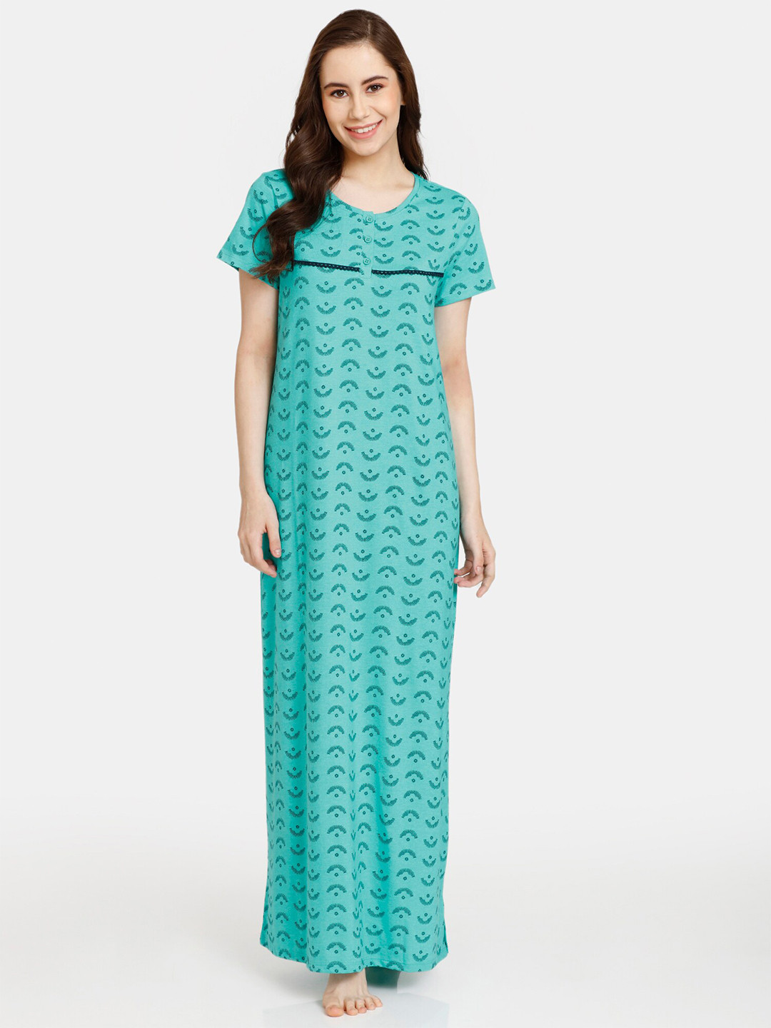 

Rosaline by Zivame Geometric Printed Maxi Nightdress, Green