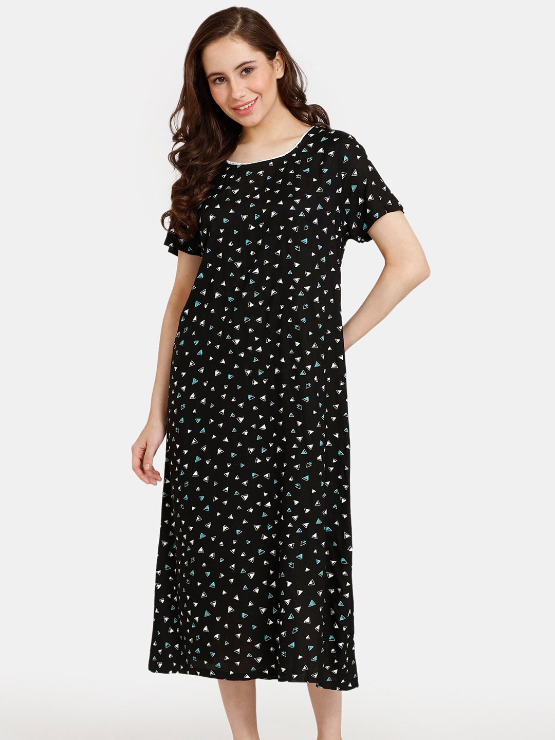 

Rosaline by Zivame Geometric Printed Nightdress, Black