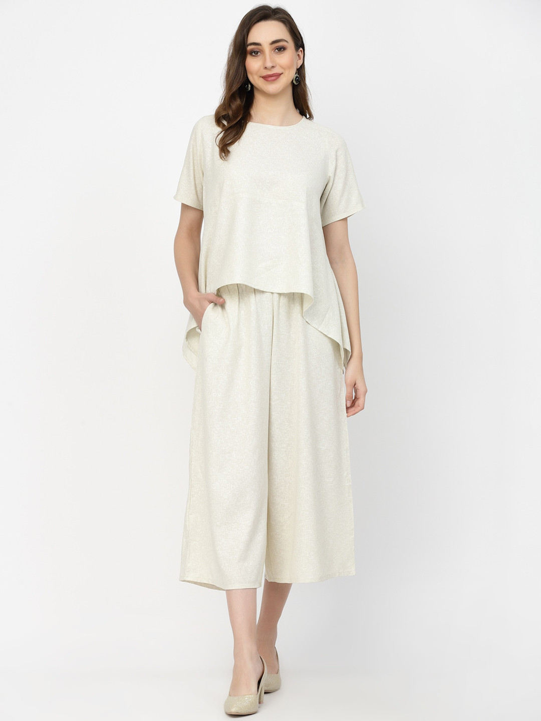 

Westwood Women Solid Cotton Top With Palazzo Co-Ords, Cream