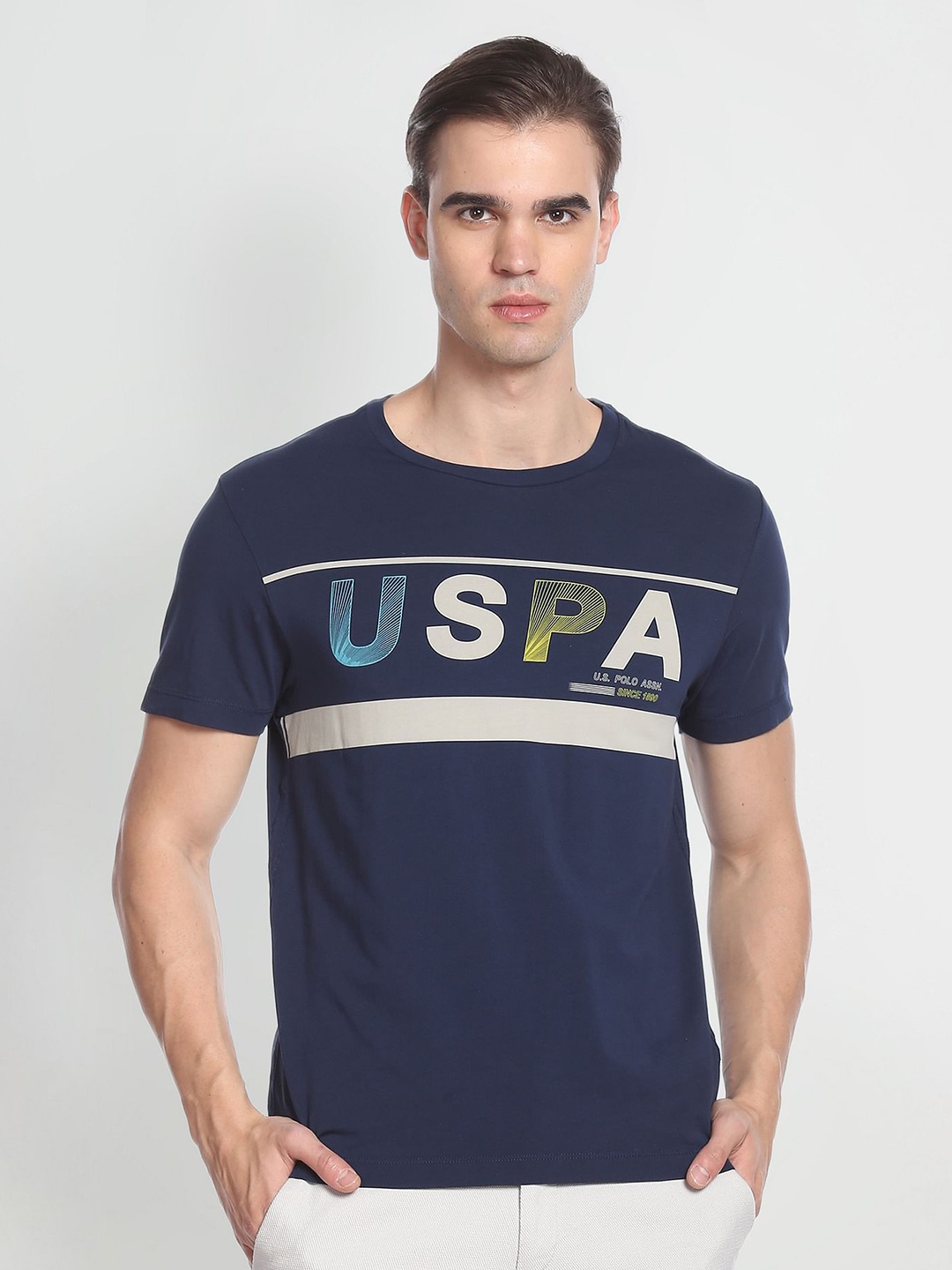 

U.S. Polo Assn. Denim Co. Typography Printed Round Neck Slim Fit T-shirt, Blue
