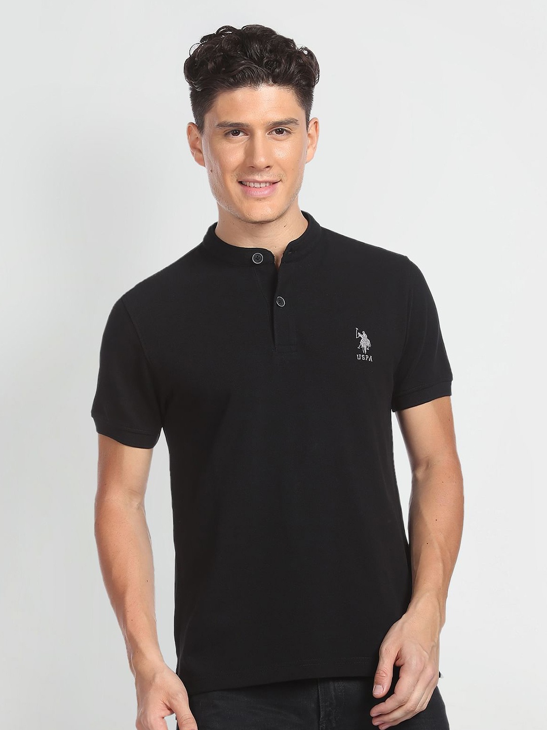 

U.S. Polo Assn. Denim Co. Mandarin Collar Pure Cotton T-shirt, Black