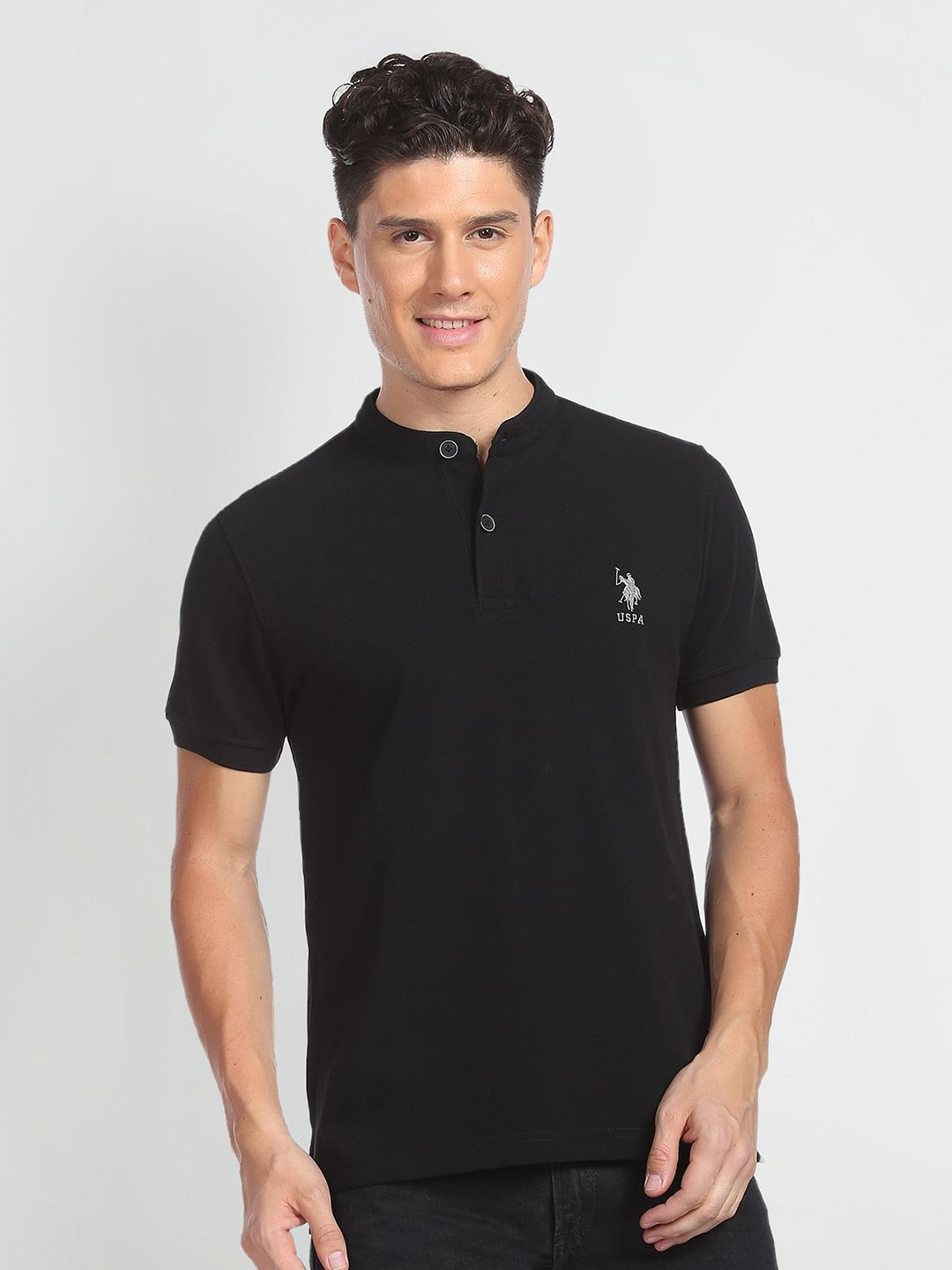 

U.S. Polo Assn. Denim Co. Mandarin Collar Pure Cotton T-Shirt, Black
