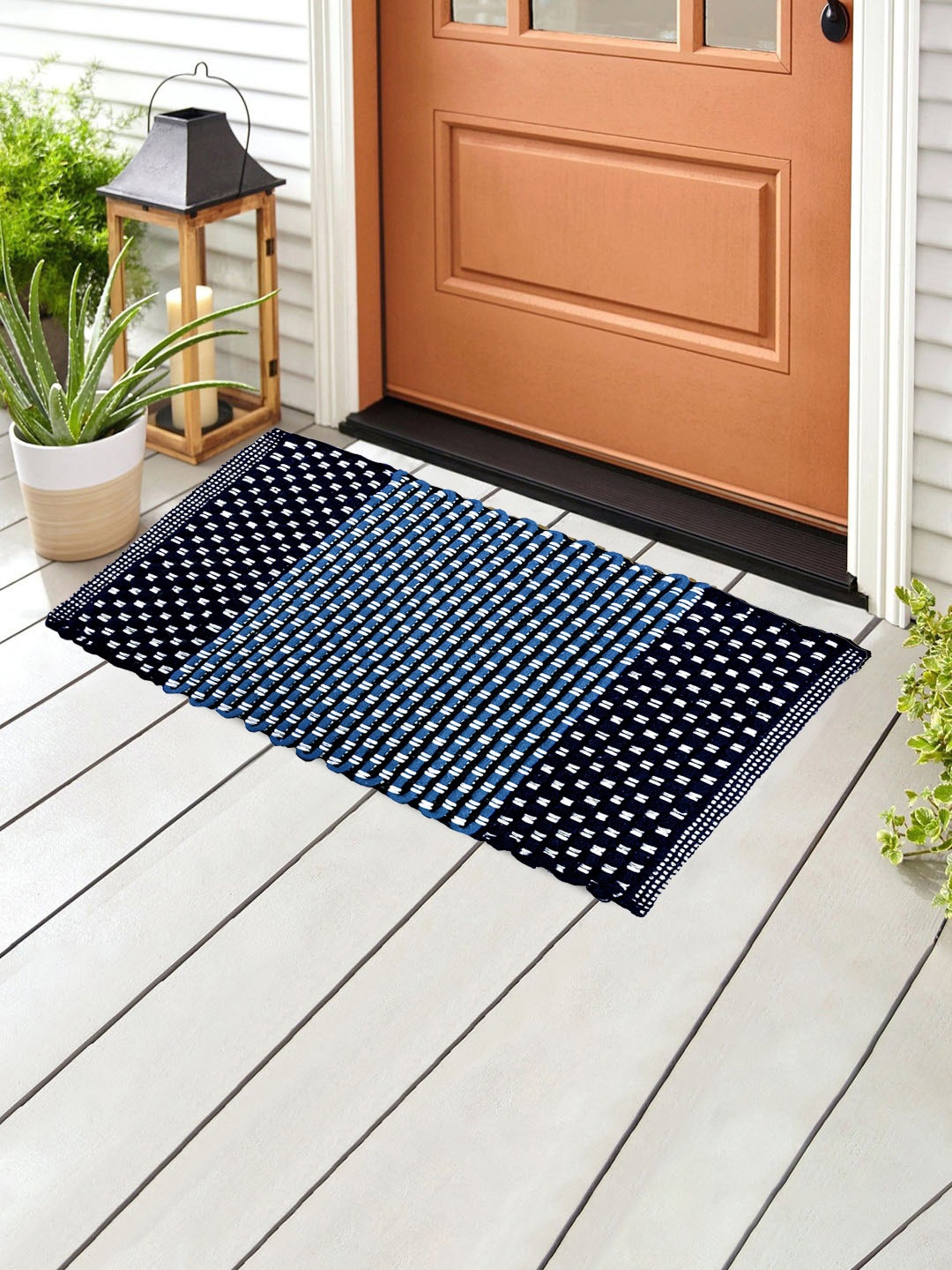 

WEAVERS VILLA Blue & Black Self-Design Cotton Doormat