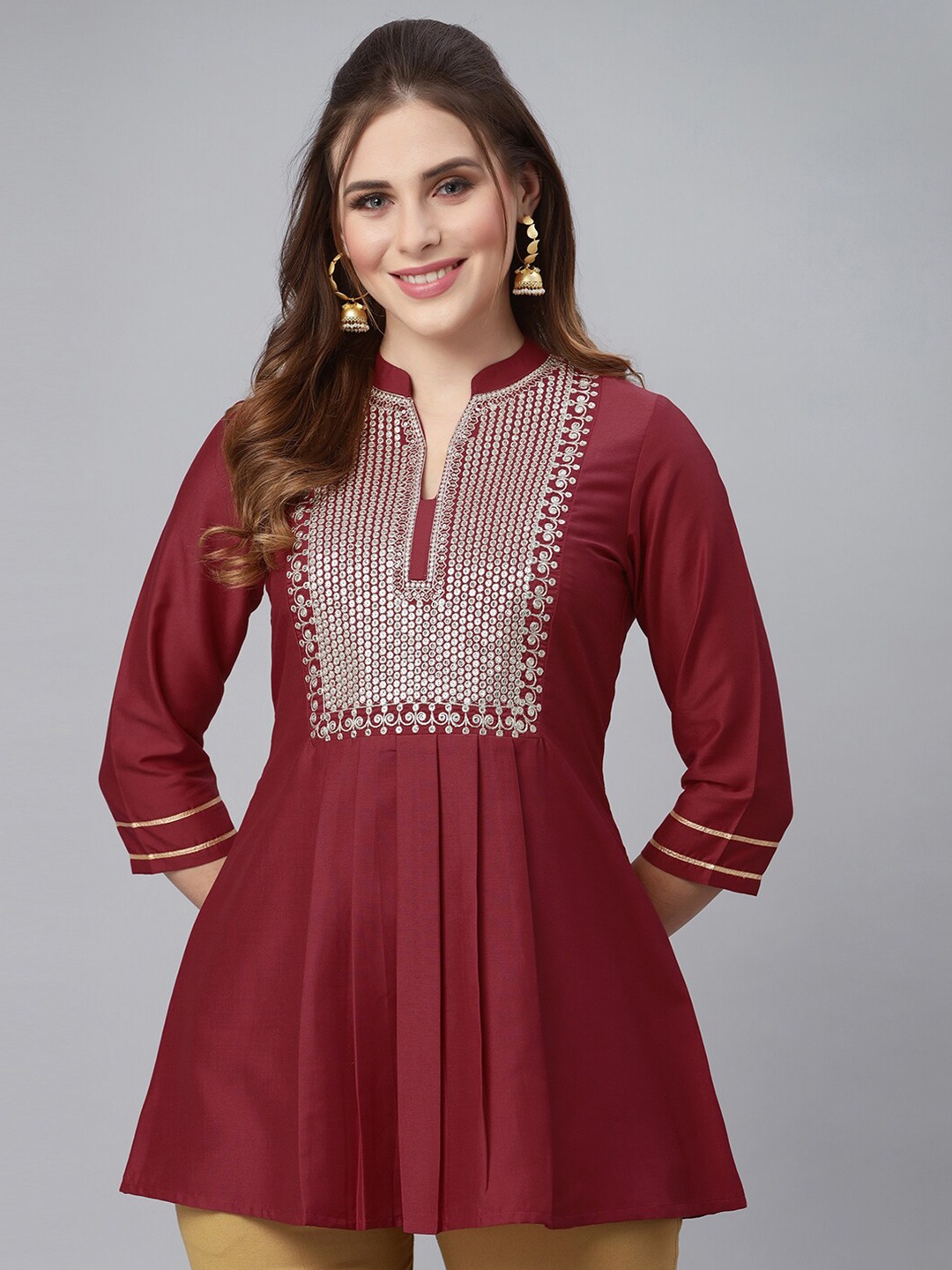 

Selvia Geometric Embellished Mandarin Collar Top, Maroon