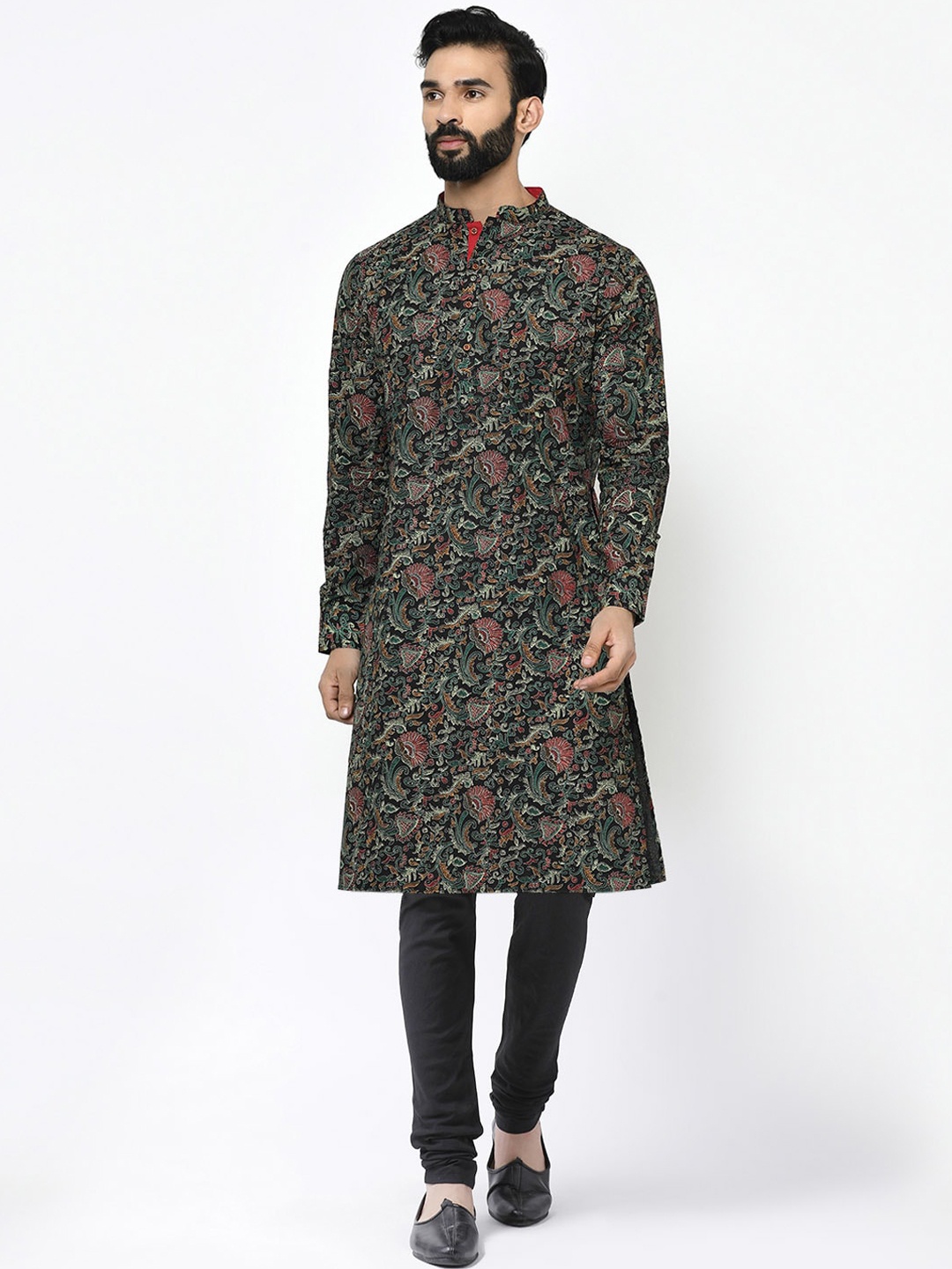 

KISAH Ethnic Motifs Printed Mandarin Collar Kurta with Churidar, Black