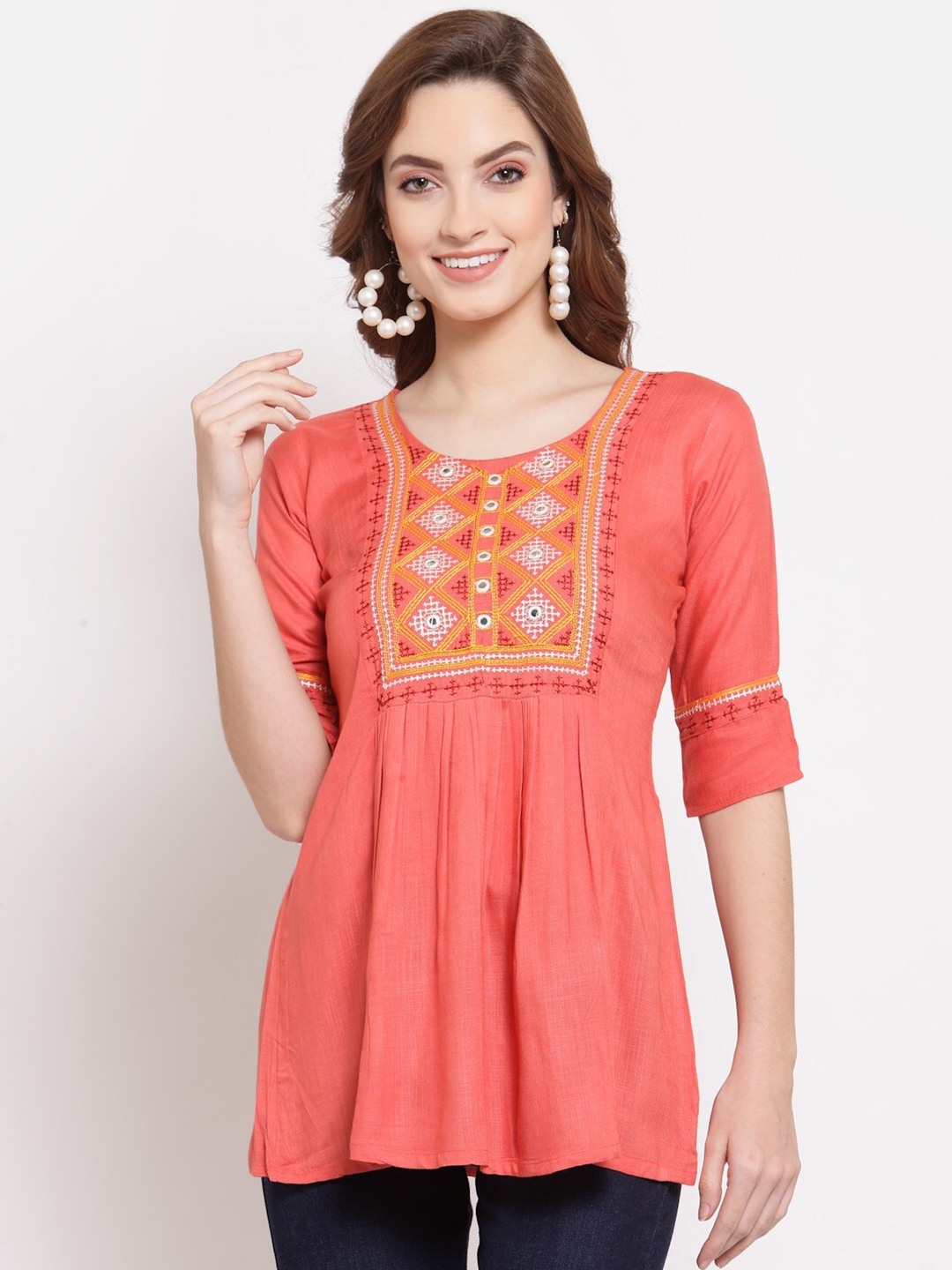 

SERONA FABRICS Viscose Rayon Embroidered Tunic, Pink