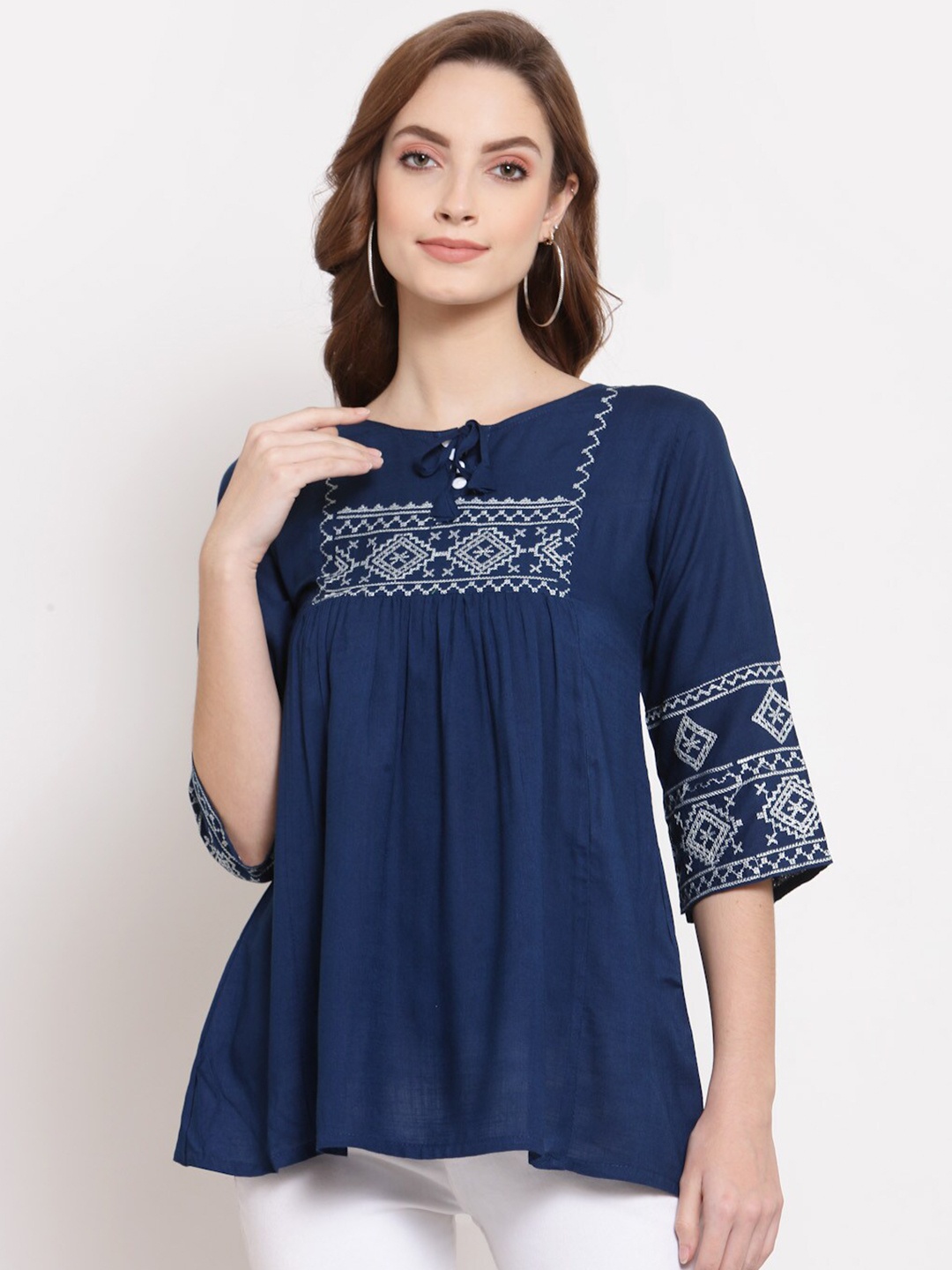 

SERONA FABRICS Embridered Tie Up Neck Tunic, Blue