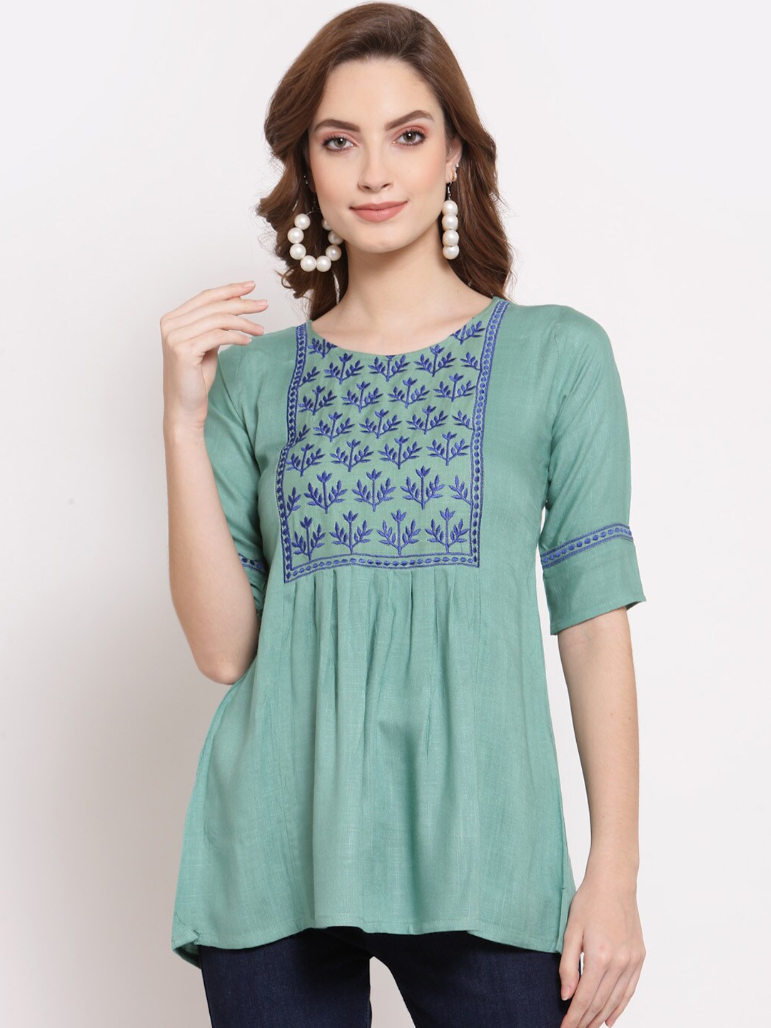 

SERONA FABRICS Floral Embroidered Ethnic Tunic, Turquoise blue