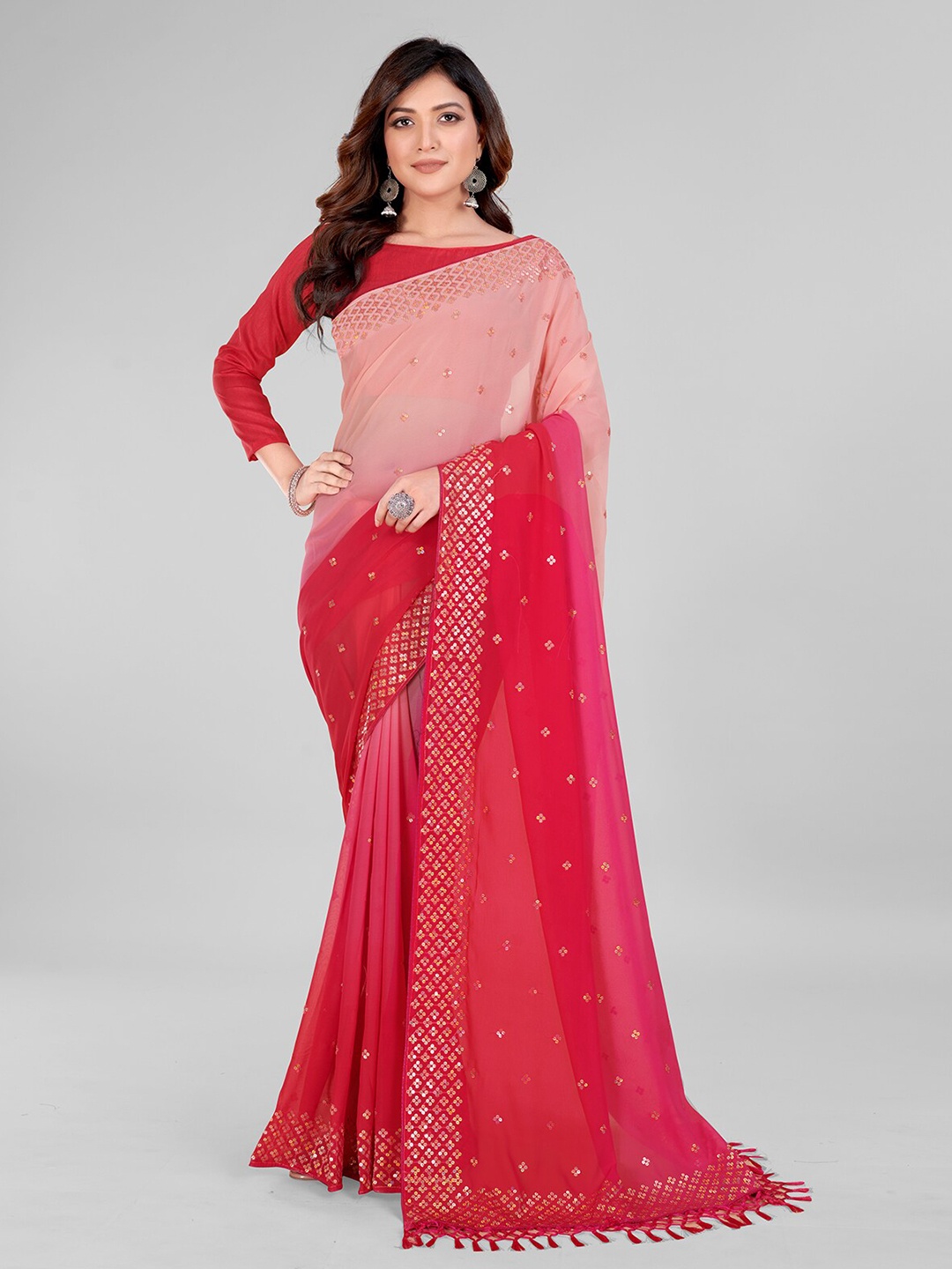 

Granthva Fab Embellished Sequinned Pure Georgette Saree, Pink