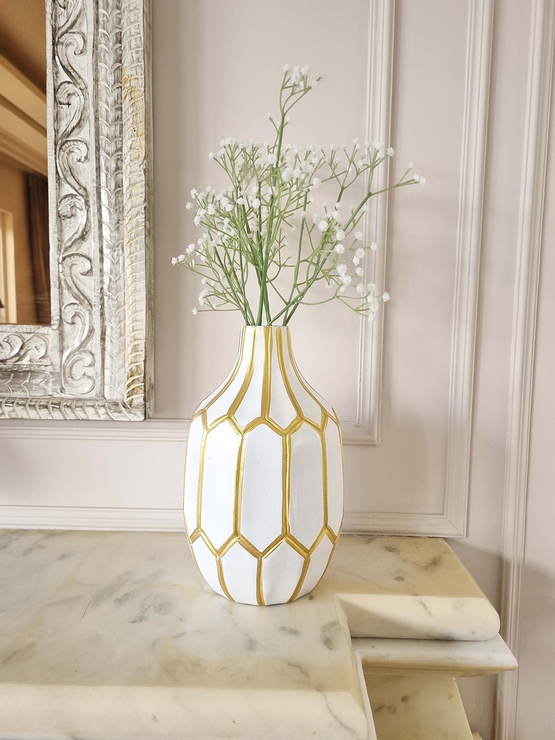 

Folkstorys White & Gold-Toned Textured Mandakini Flower Vase