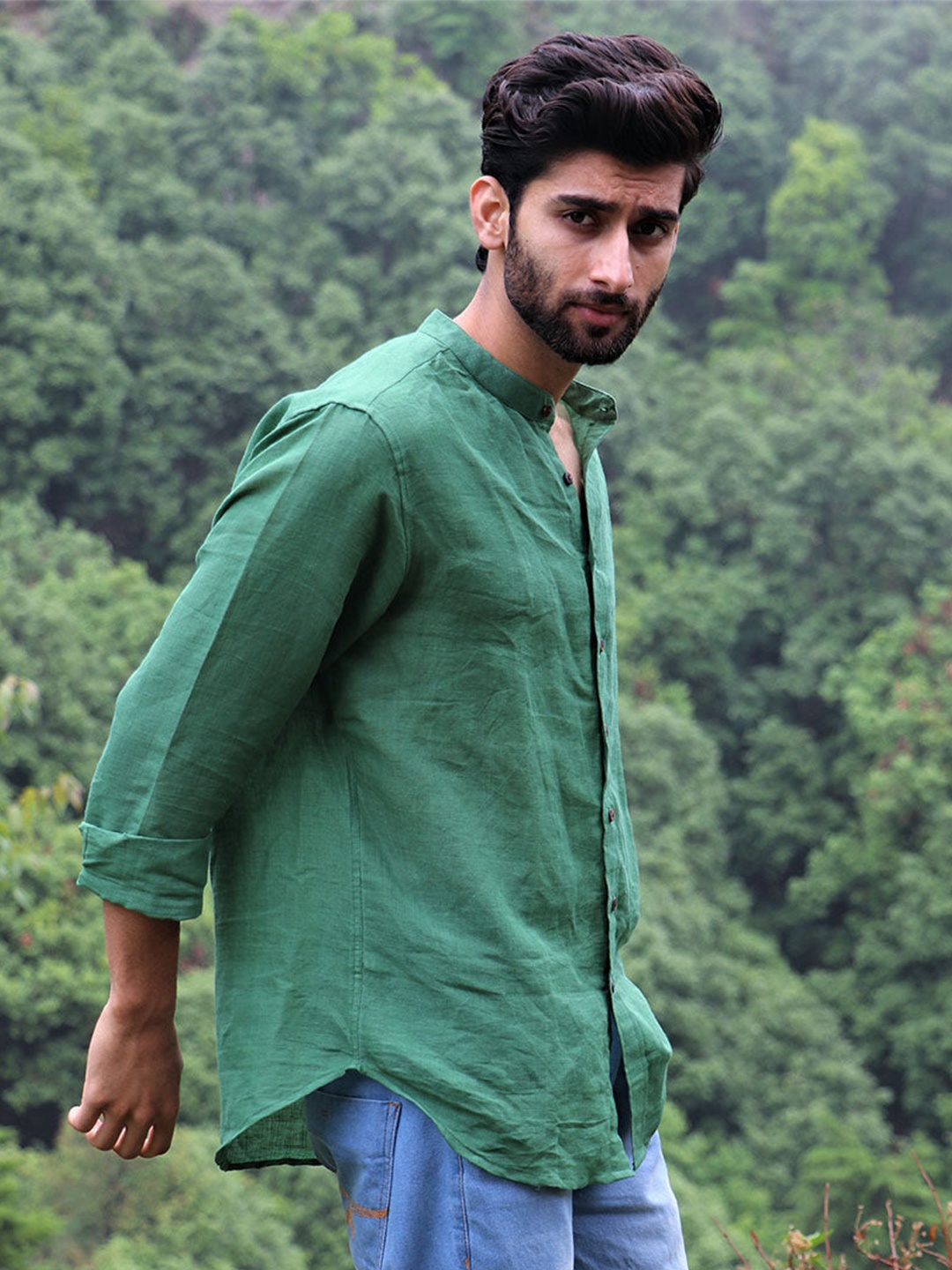 

Chidiyaa Standard Mandarin Collar Cotton Casual Shirt, Green