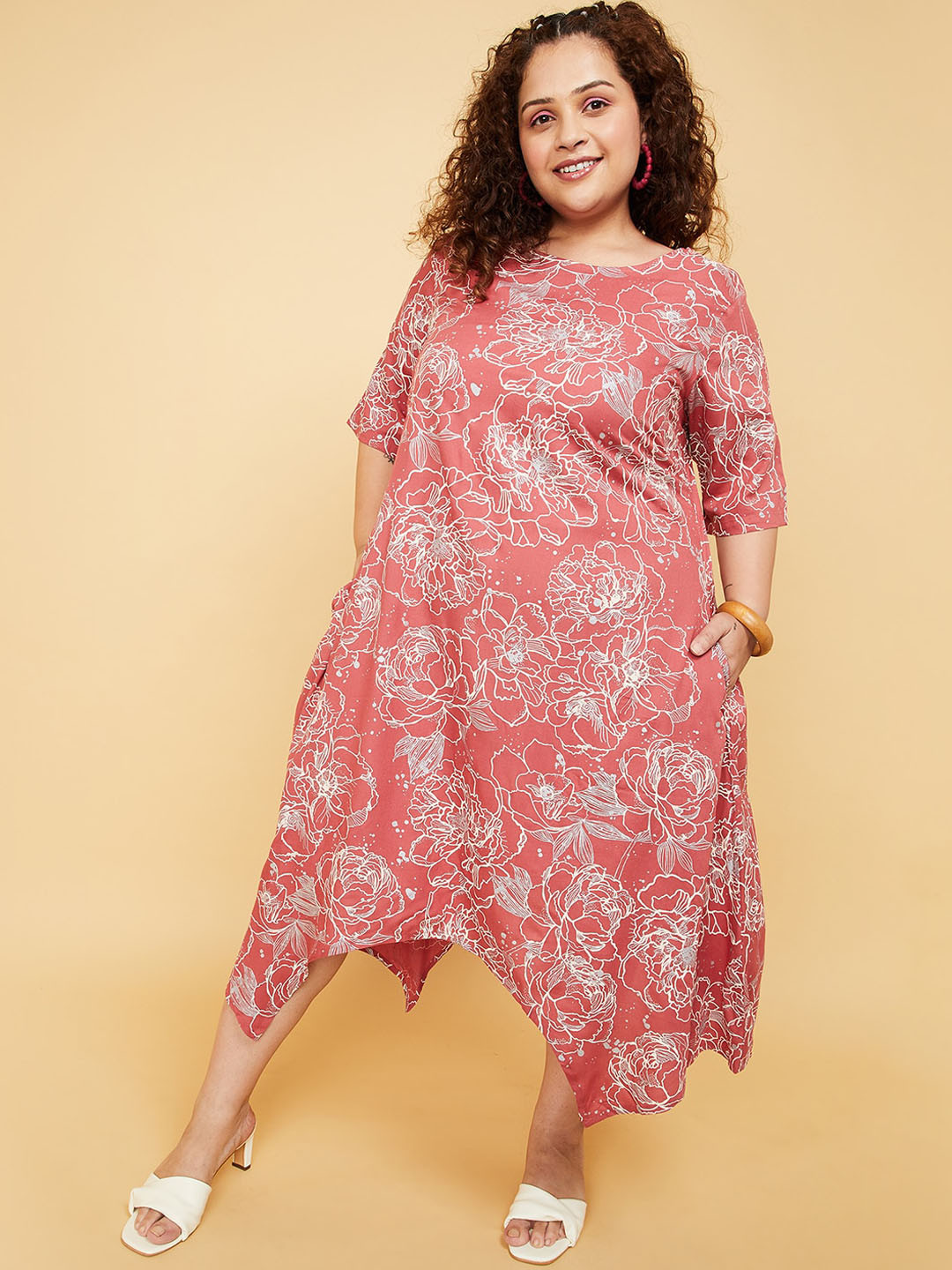 

max Plus Size Floral Print A-Line Midi Dress, Pink