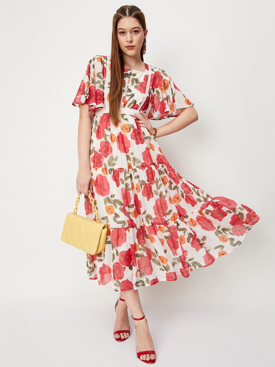

max Floral Print Flared Sleeve Belted Tiered Fit & Flare Midi Dress, White