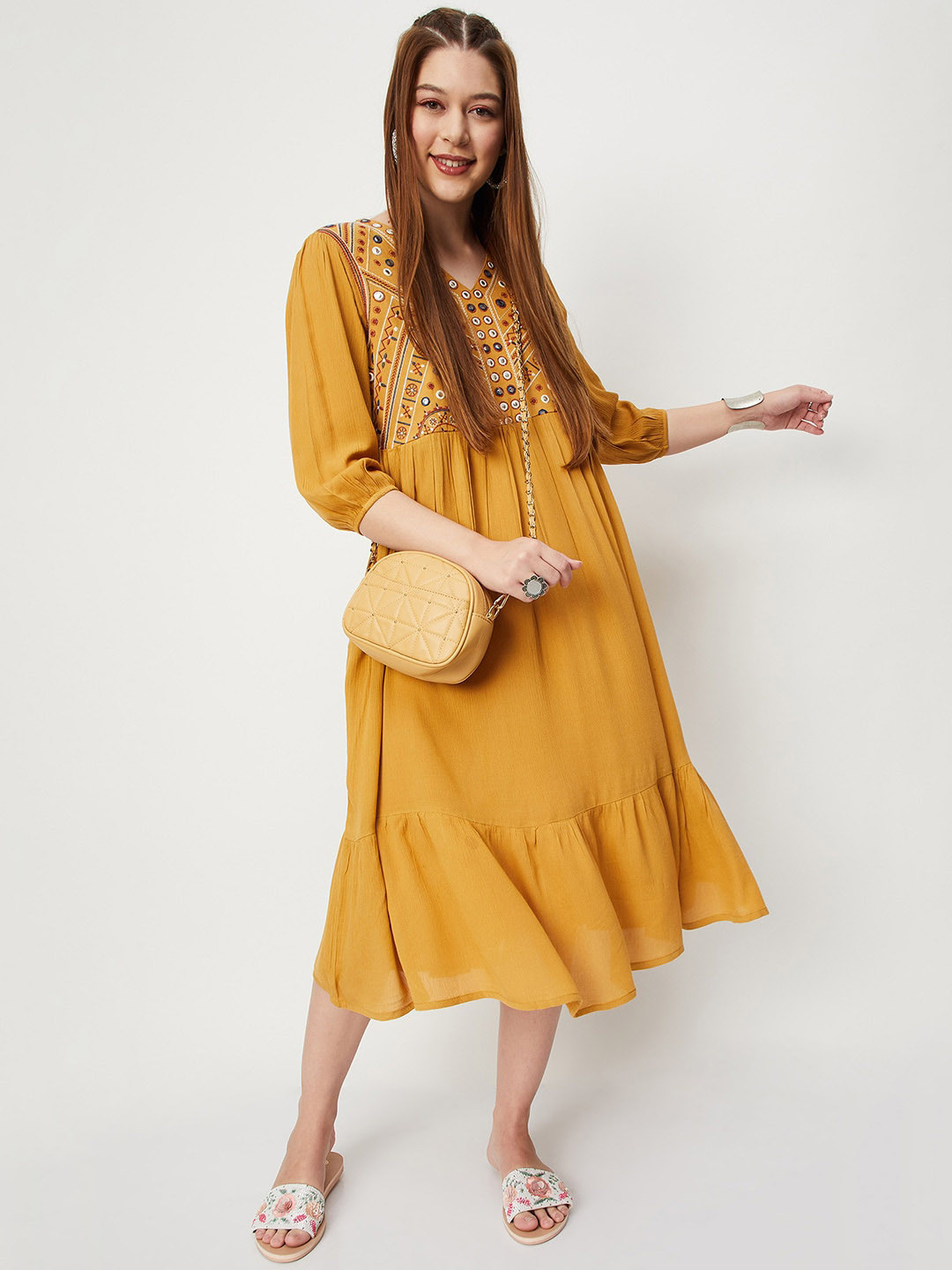 

max Embroidered Mirror Work V-Neck Dress, Mustard